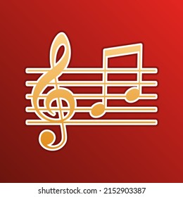 Music Violin Clef Sign. G-clef And Notes G, H. Golden Gradient Icon With Contours On Redish Background. Illustration.