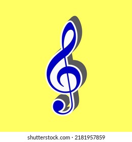 Music violin clef sign. G-clef. Treble clef. Blue Icon with white stroke in 3d at yellow Background. Illustration.