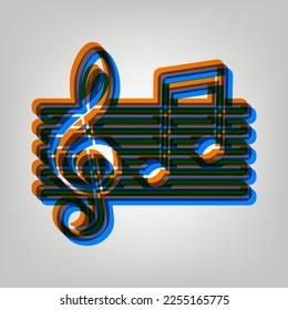 Music violin clef sign. G-clef and notes G, H. Stroked Icon in orange, azure and old lavender Colors at gray Background. Illustration.