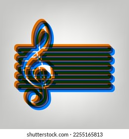 Music violin clef sign. G-clef. Stroked Icon in orange, azure and old lavender Colors at gray Background. Illustration.