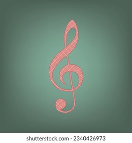 Music violin clef sign. G-clef. Treble clef. Apricot Icon with Brick Red parquet floor graphic pattern on a Ebony background. Feldgrau. Green. Illustration.