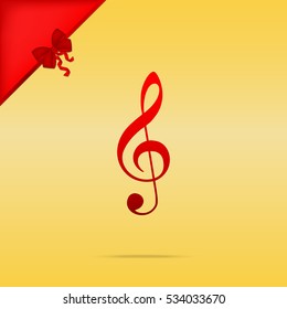 Music violin clef sign. G-clef. Treble clef. Christmas design red icon on gold background.