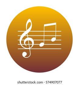 Music violin clef sign. G-clef and notes G, H. White icon in circle with golden gradient as background. Isolated.