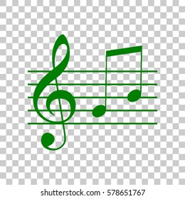 Music violin clef sign. G-clef and notes G, H. Dark green icon on transparent background.