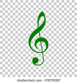 Music violin clef sign. G-clef. Treble clef. Dark green icon on transparent background.