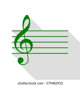 Music violin clef sign. G-clef. Green icon with flat style shadow path.