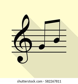 Music violin clef sign. G-clef and notes G, H. Black icon with flat style shadow path on cream background.