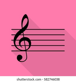 Music violin clef sign. G-clef. Black icon with flat style shadow path on pink background.