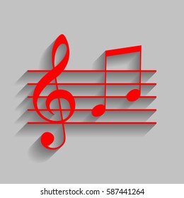 Music violin clef sign. G-clef and notes G, H. Vector. Red icon with soft shadow on gray background.