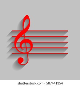Music violin clef sign. G-clef. Vector. Red icon with soft shadow on gray background.