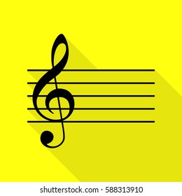 Music violin clef sign. G-clef. Black icon with flat style shadow path on yellow background.