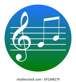 Music violin clef sign. G-clef and notes G, H. Vector. White icon in bluish circle on white background. Isolated.
