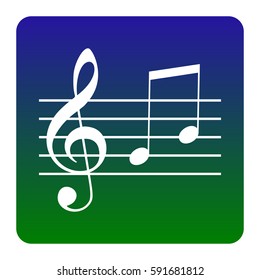 Music violin clef sign. G-clef and notes G, H. Vector. White icon at green-blue gradient square with rounded corners on white background. Isolated.