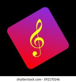 Music violin clef sign. G-clef. Treble clef. Vector. Yellow icon at violet-red gradient square with rounded corners rotated for dynamics on black background.