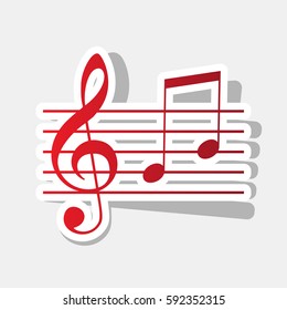 Music violin clef sign. G-clef and notes G, H. Vector. New year reddish icon with outside stroke and gray shadow on light gray background.