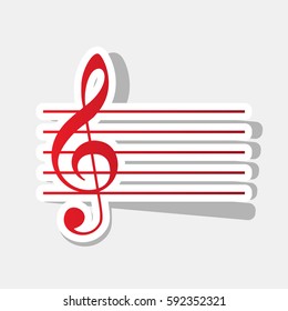 Music violin clef sign. G-clef. Vector. New year reddish icon with outside stroke and gray shadow on light gray background.