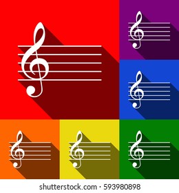 Music violin clef sign. G-clef. Vector. Set of icons with flat shadows at red, orange, yellow, green, blue and violet background.