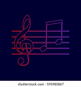 Music violin clef sign. G-clef and notes G, H. Vector. Line icon with gradient from red to violet colors on dark blue background.