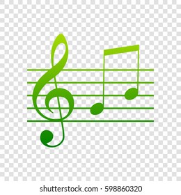 Music violin clef sign. G-clef and notes G, H. Vector. Green gradient icon on transparent background.