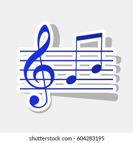 Music violin clef sign. G-clef and notes G, H. Vector. New year bluish icon with outside stroke and gray shadow on light gray background.