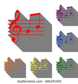 Music violin clef sign. G-clef and notes G, H. Set of red, orange, yellow, green, blue and violet icons at white background with flat shadow.