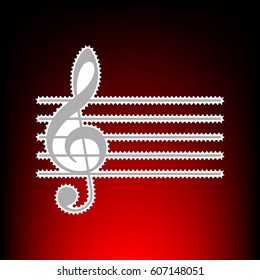 Music violin clef sign. G-clef. Postage stam or old photo style on red-black gradient background.