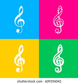 Music violin clef sign. G-clef. Treble clef. Four styles of icon on four color squares.