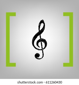 Music violin clef sign. G-clef. Treble clef. Vector. Black scribble icon in citron brackets on grayish background.