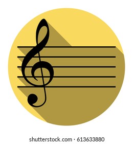 Music violin clef sign. G-clef. Vector. Flat black icon with flat shadow on royal yellow circle with white background. Isolated.