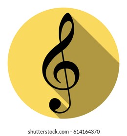 Music violin clef sign. G-clef. Treble clef. Vector. Flat black icon with flat shadow on royal yellow circle with white background. Isolated.