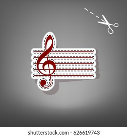 Music violin clef sign. G-clef. Vector. Red icon with for applique from paper with shadow on gray background with scissors.