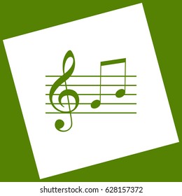 Music violin clef sign. G-clef and notes G, H. Vector. White icon obtained as a result of subtraction rotated square and path. Avocado background.