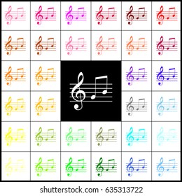 Music violin clef sign. G-clef and notes G, H. Vector. Felt-pen 33 colorful icons at white and black backgrounds. Colorfull.
