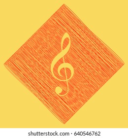 Music violin clef sign. G-clef. Treble clef. Vector. Red scribble icon obtained as a result of subtraction rhomb and path. Royal yellow background.