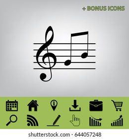 Music violin clef sign. G-clef and notes G, H. Vector. Black icon at gray background with bonus icons