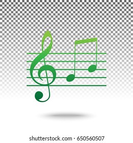 Music violin clef sign. G-clef and notes G, H. Vector. Green gradient icon with shadow at bottom on transparent and white background.