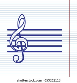 Music violin clef sign. G-clef. Vector. Navy line icon on notebook paper as background with red line for field.