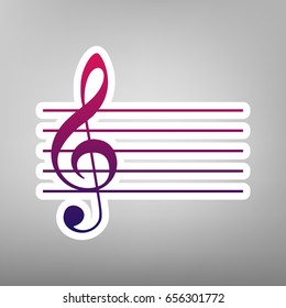 Music violin clef sign. G-clef. Vector. Purple gradient icon on white paper at gray background.
