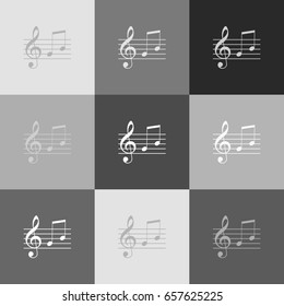 Music violin clef sign. G-clef and notes G, H. Vector. Grayscale version of Popart-style icon.