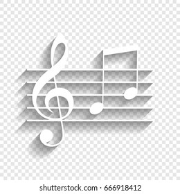 Music violin clef sign. G-clef and notes G, H. Vector. White icon with soft shadow on transparent background.
