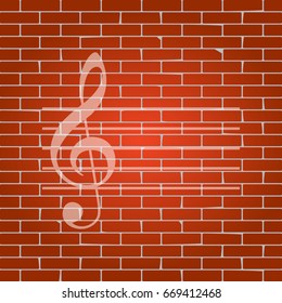 Music violin clef sign. G-clef. Vector. Whitish icon on brick wall as background.