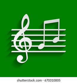 Music violin clef sign. G-clef and notes G, H. Vector. Paper whitish icon with soft shadow on green background.
