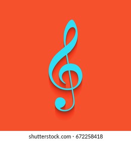 Music violin clef sign. G-clef. Treble clef. Vector. Blue icon with soft shadow putted down on flamingo background.