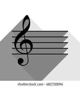 Music violin clef sign. G-clef. Vector. Black icon with two flat gray shadows on white background.