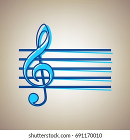 Music violin clef sign. G-clef. Vector. Sky blue icon with defected blue contour on beige background.