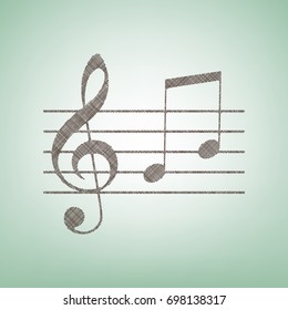 Music violin clef sign. G-clef and notes G, H. Vector. Brown flax icon on green background with light spot at the center.
