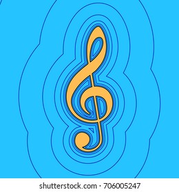 Music violin clef sign. G-clef. Treble clef. Vector. Sand color icon with black contour and equidistant blue contours like field at sky blue background. Like waves on map - island in ocean or sea.