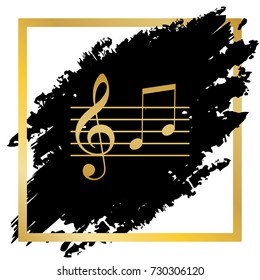 Music violin clef sign. G-clef and notes G, H. Vector. Golden icon at black spot inside golden frame on white background.