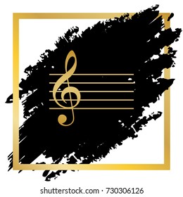 Music violin clef sign. G-clef. Vector. Golden icon at black spot inside golden frame on white background.