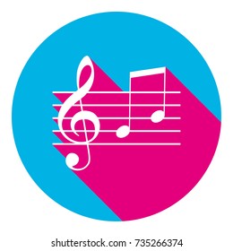 Music violin clef sign. G-clef and notes G, H. Vector. Flat white icon with mexican pink shadow inside sky blue(S and G) circle at white background. Isolated. Trend colors in 2017.